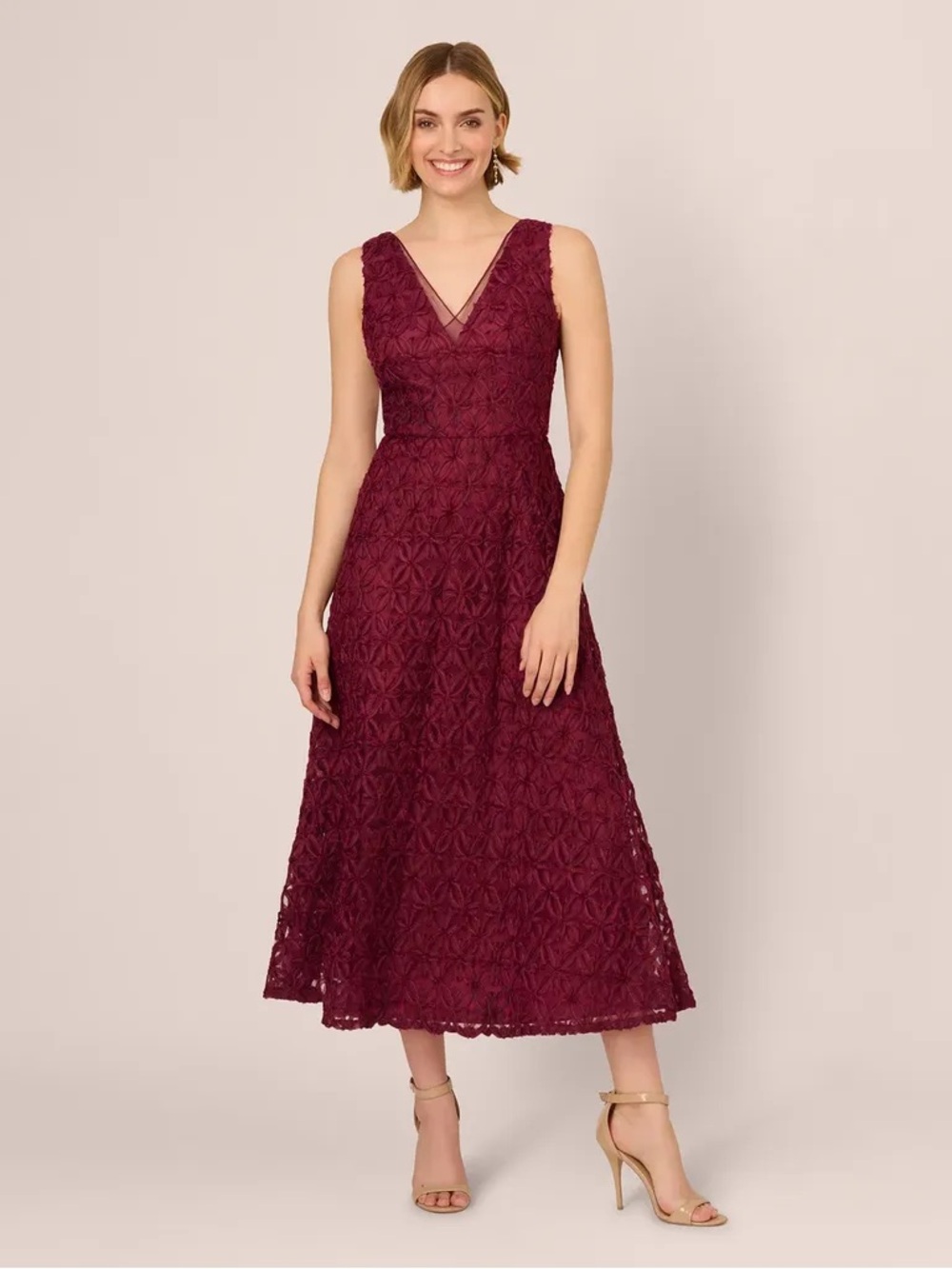 Adrianna Pappell Light Wine NEW Burgundy lace midi dress Vneckline Rose Applique